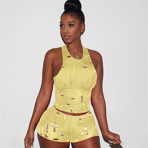 Holes Hollow Out Tank Crop Top and Shorts 2 Piece Sets AL-283