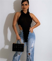 Turtleneck Halter Backless Irregular Sexy Crop Top WSM-5308
