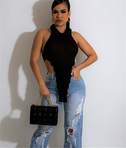 Turtleneck Halter Backless Irregular Sexy Crop Top WSM-5308