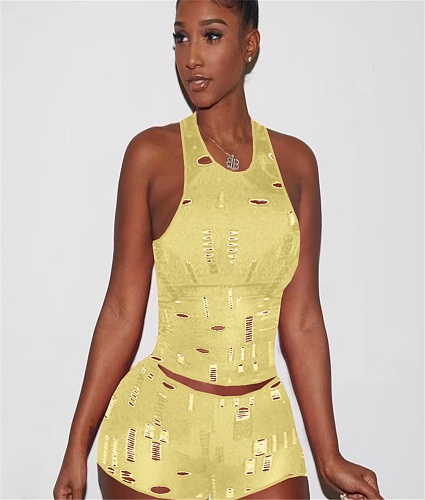 Holes Hollow Out Tank Crop Top and Shorts 2 Piece Sets AL-283