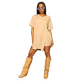 Solid V Neck Short Sleeve Side Split T Shirt Shorts Set FOS-8216