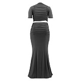Ruched Short Sleeve Crop Top Bodycon Maxi Skirt Outfits OSS-22216