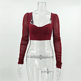 Y2K Mesh Long Sleeve Patchwork Corset Crop Top MS-1727