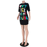 Letter Print O Neck Half Sleeve Loose T Shirt Dress ASL-6571
