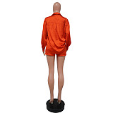 Turn Down Collar Long Sleeve Shirt Shorts 2 Piece Set YF-10086