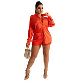 Turn Down Collar Long Sleeve Shirt Shorts 2 Piece Set YF-10086