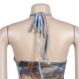 Cross Lace Up Halter Backless Drawstring Party Dress NY-7252