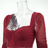 Y2K Mesh Long Sleeve Patchwork Corset Crop Top MS-1727