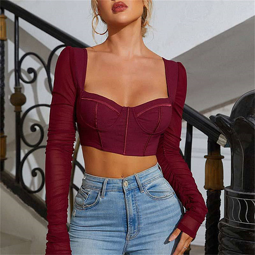 Y2K Mesh Long Sleeve Patchwork Corset Crop Top MS-1727