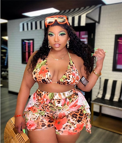 Plus Size Beach Halter Bra Ruffles Shorts Bathing Suit HEJ-22L6115