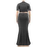 Ruched Short Sleeve Crop Top Bodycon Maxi Skirt Outfits OSS-22216