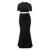 Ruched Short Sleeve Crop Top Bodycon Maxi Skirt Outfits OSS-22216