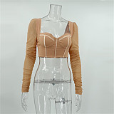 Y2K Mesh Long Sleeve Patchwork Corset Crop Top MS-1727