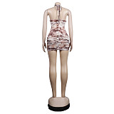 Cross Lace Up Halter Backless Drawstring Party Dress NY-7252