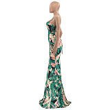 Tropical Print Halter Backless Vacation Maxi Dress OSS-22190