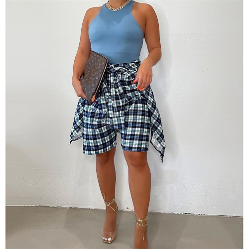 Plaid High Waist Bandage Loose Stretewear Shorts ASL-6567