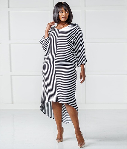 Striped 3/4 Sleeve V Neck Loose Casual Maxi Shirt Dress NY-2403