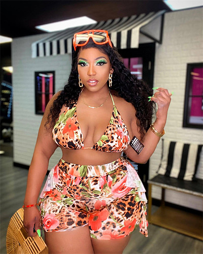 Plus Size Beach Halter Bra Ruffles Shorts Bathing Suit HEJ-22L6115