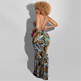 Tropical Print Halter Backless Vacation Maxi Dress OSS-22190