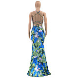 Tropical Print Halter Backless Vacation Maxi Dress OSS-22190