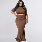 Ruched Short Sleeve Crop Top Bodycon Maxi Skirt Outfits OSS-22216