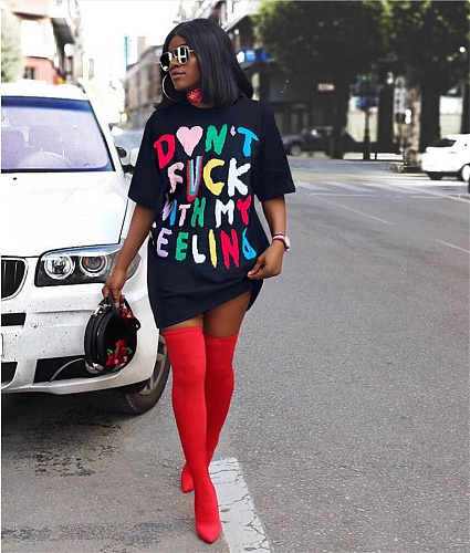 Letter Print O Neck Half Sleeve Loose T Shirt Dress ASL-6571