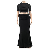 Ruched Short Sleeve Crop Top Bodycon Maxi Skirt Outfits OSS-22216