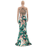 Tropical Print Halter Backless Vacation Maxi Dress OSS-22190