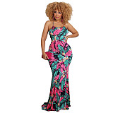 Tropical Print Halter Backless Vacation Maxi Dress OSS-22190
