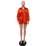 Turn Down Collar Long Sleeve Shirt Shorts 2 Piece Set YF-10086