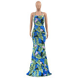 Tropical Print Halter Backless Vacation Maxi Dress OSS-22190