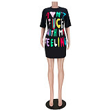 Letter Print O Neck Half Sleeve Loose T Shirt Dress ASL-6571