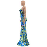 Tropical Print Halter Backless Vacation Maxi Dress OSS-22190