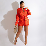 Turn Down Collar Long Sleeve Shirt Shorts 2 Piece Set YF-10086