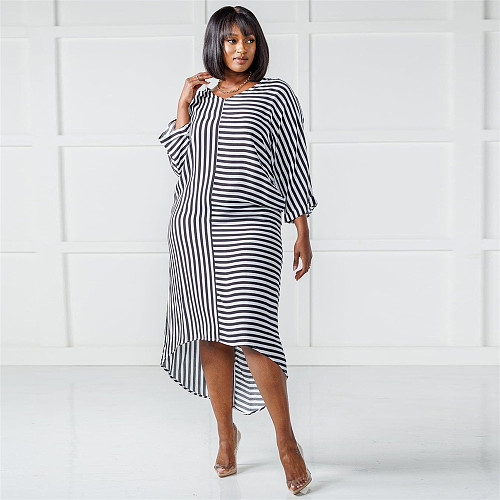 Striped 3/4 Sleeve V Neck Loose Casual Maxi Shirt Dress NY-2403