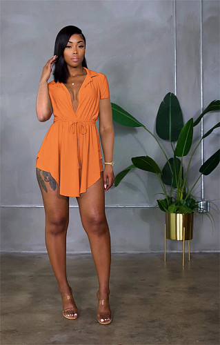 Solid Short Sleeve Lace Up Shirt and Shorts Matching Suit ANDI-1346