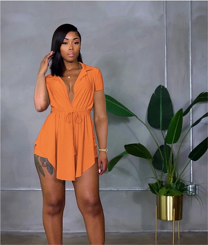 Solid Short Sleeve Lace Up Shirt and Shorts Matching Suit ANDI-1346