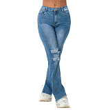 Vintage Bell Bottoms Mid Waist Ripped Holes Jeans LX-5511