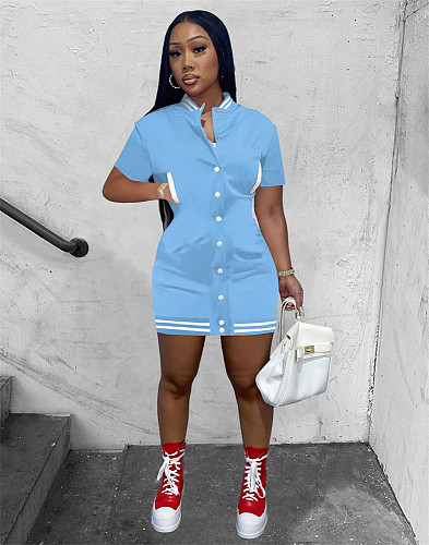 Short Sleeve Button Baseball Bodycon Mini Dresses IV-8306