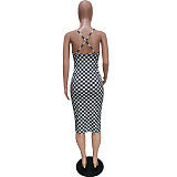 Elegant Sleeveless Bodycon Strap Plaid Midi Dress BGN-158