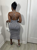 Elegant Sleeveless Bodycon Strap Plaid Midi Dress BGN-158