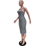 Elegant Sleeveless Bodycon Strap Plaid Midi Dress BGN-158