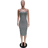 Elegant Sleeveless Bodycon Strap Plaid Midi Dress BGN-158