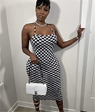 Elegant Sleeveless Bodycon Strap Plaid Midi Dress BGN-158