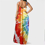 Tie Dye Print Loose Spaghetti Straps Maxi Dress FSX-343