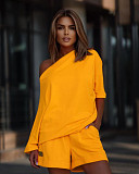 Solid Off Shoulder Loose T Shirt Casual Shorts Sets WDS-220278