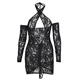 Lace Drawstring Ruched Long Sleeve Backless Dresses OYW-8448