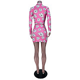 Floral Print Long Sleeve Blazer Crop Top+Skirt Suit MDF-5309