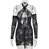 Lace Drawstring Ruched Long Sleeve Backless Dresses OYW-8448