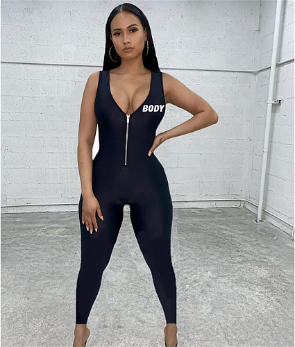 V neck Zipper Sleeveless Bodycon Gym Sports Jumpsuit DY-66171
